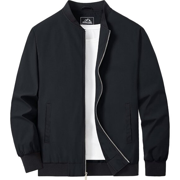 Men's Black Lightweight Casual Style Bomber Jacket Golf Coat Zip Up Pockets